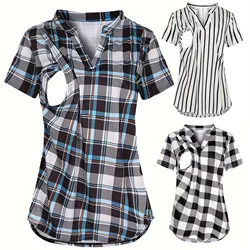 Women's Maternity Breastfeeding T-shirt V-Neck Solid Color Short Sleeve Nursing Tops Clothes for Pregnant Women