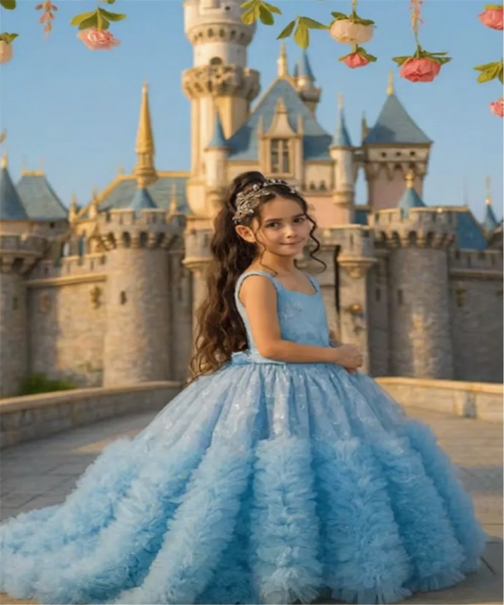 

Elegant Customized Flower Girl Dress Sleeveless Trailing Tiered Puffy Kids Girls Birthday Party Gown Prom First Communion Dress