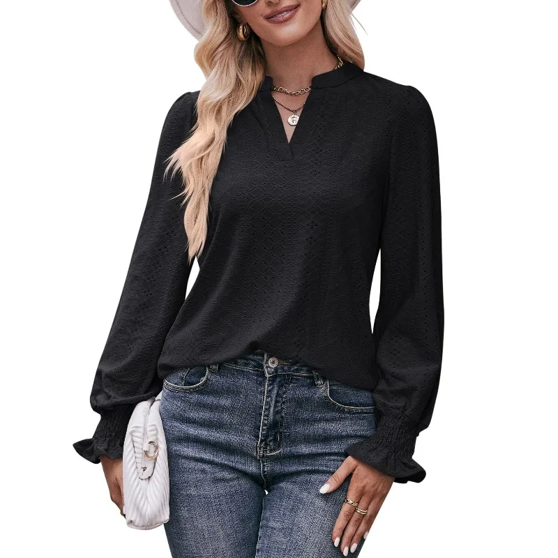 

Female Clothing Spring Autumn New Women's Clothing Solid Color T-shirt V-neck Long Sleeve Casual Fashion Hollow Out Tops