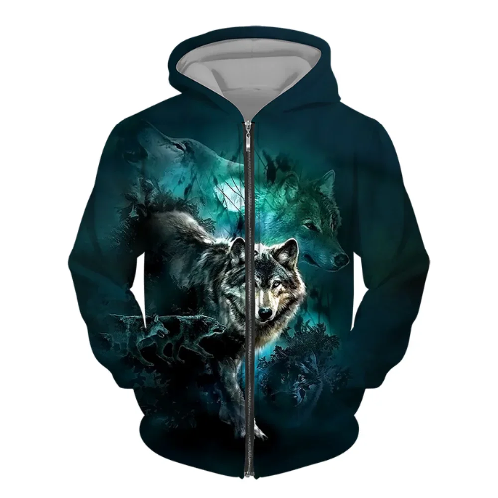 Spring and Autumn Wolf print 3D printed zipper hoodie men\'s and women\'s fashion casual sweater street Harajuku loose jacket