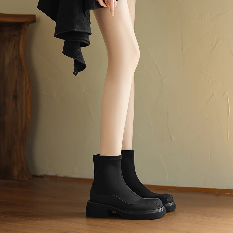 2026 Elastic Thick-soled Boots of Any Length To Choose From, Women's Round-toe Spliced Slimming Boots, Sizes 33-43