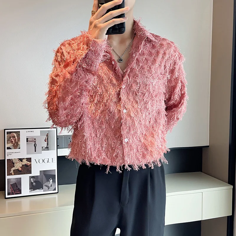 Party Fashion Tassel Design Shirts For Mens 2025 Spring Fall Casual Buttoned Lapel Shirt Vintage Solid Color Men Cardigan Tops