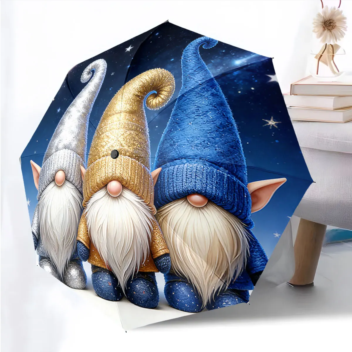 1PC Whimsical Gnomes Under Starry Night Umbrella Print 8 Iron Ribs Folding Umbrella Auto-Open Fashion Sunshade