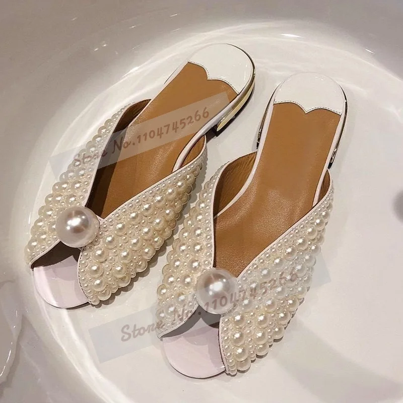 

Big Glossy Pearl Fashin Dress Slippers Shiny Jewelry Beaded Modern Mules Low Heel Slip-On Bling Bling Dress Shoes Elegant Pumps