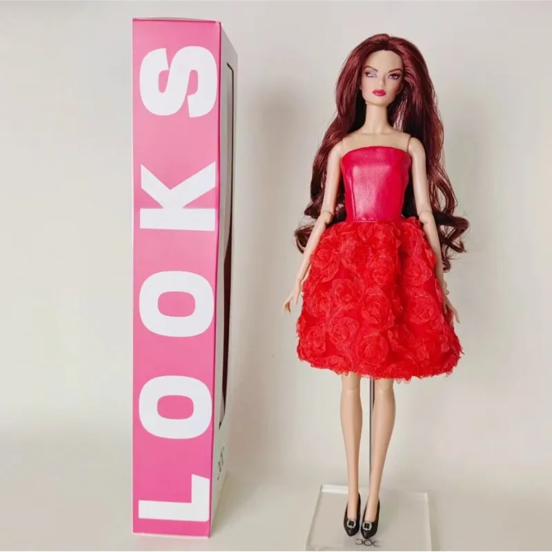 Normal Skin 1/6 Supermodel Doll Joint Moveable 30cm Brown Hair  Doll With Red Skirt Fashion Makeup Dress Up Toy Collection Gift