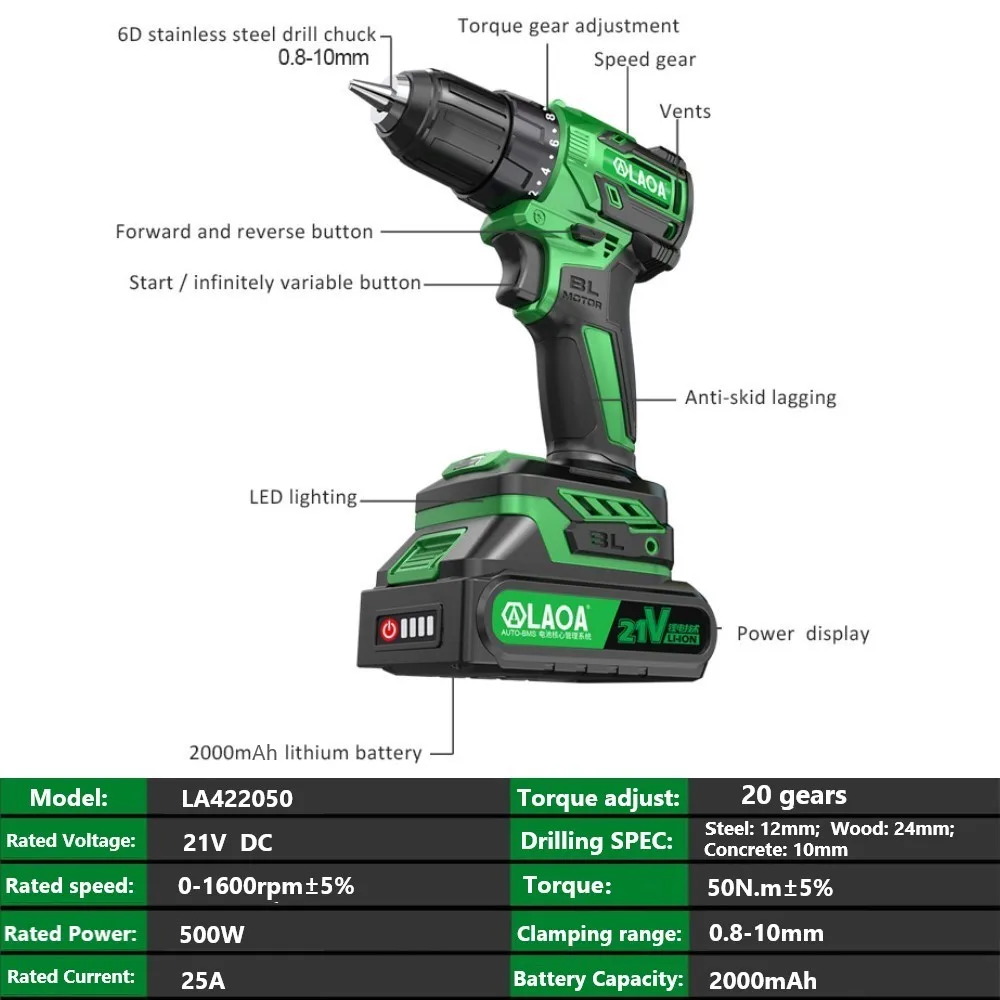 LAOA 21V Electric Cordless Screwdriver Wireless Impact Drill Brushless Drill Lithium Battery Charging Hand Drill Industrial