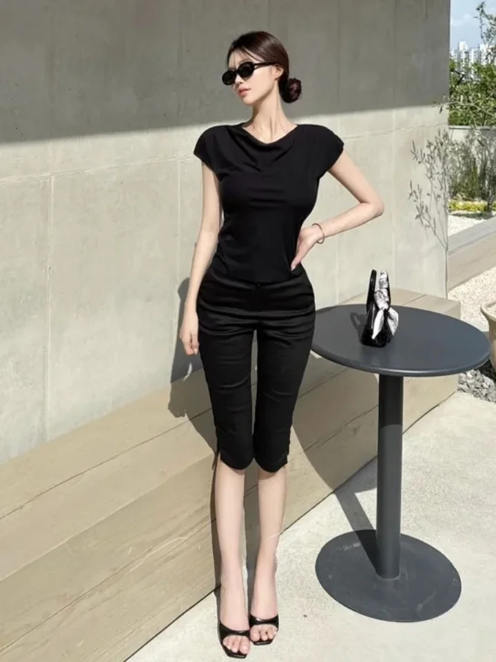 Slimming  Color Elastic Casual Pants Women's Thin Split Seven-Quarter Length Jeans High Waist Cotton Stretch Denim