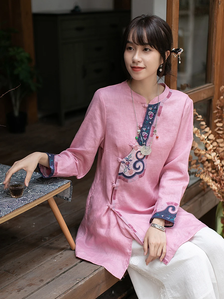 

Yuanzheng Wind Embroidered irt Retro Buttoned Linen Spring Autumn Long Sve Chinese Sle Women's Cotton Linen Tea Costume