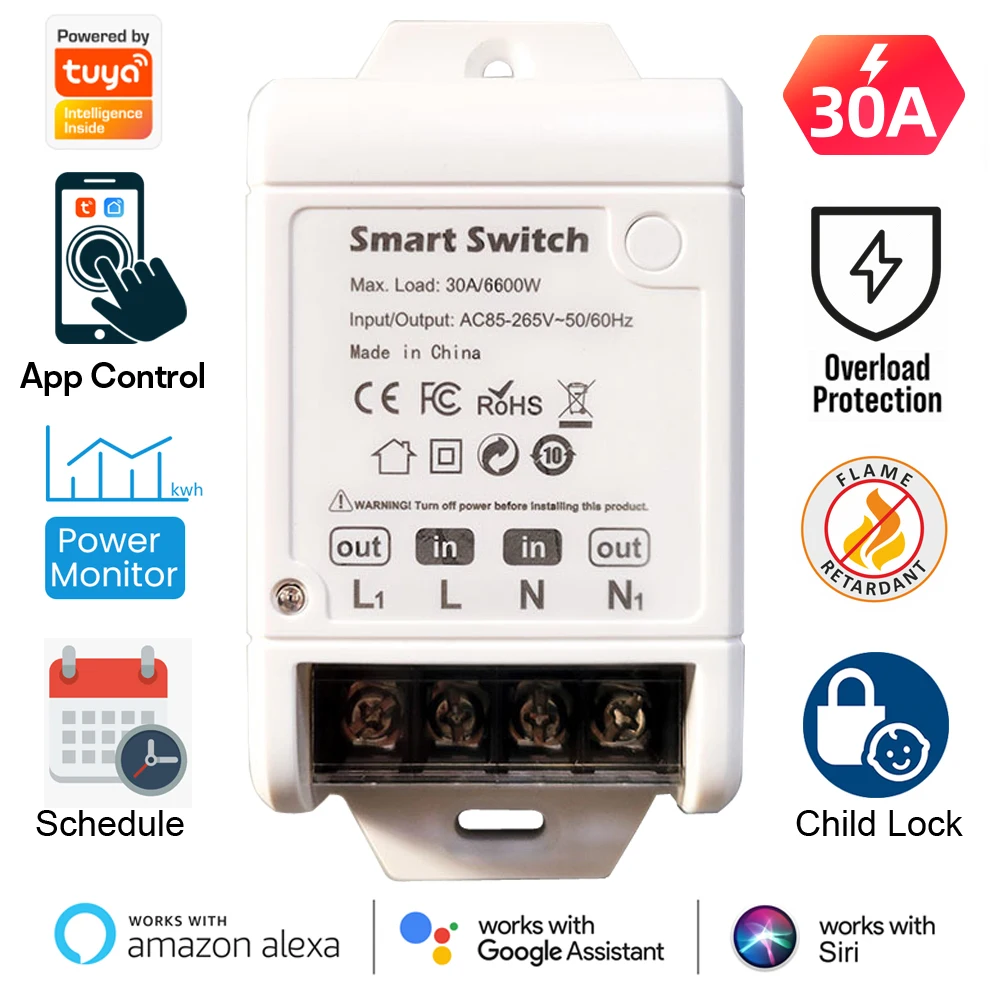 

Smart Life 30A Switch Circuit Breaker Power Monitor Overload Protection Tuya Automation Module Works with Alexa Google Home