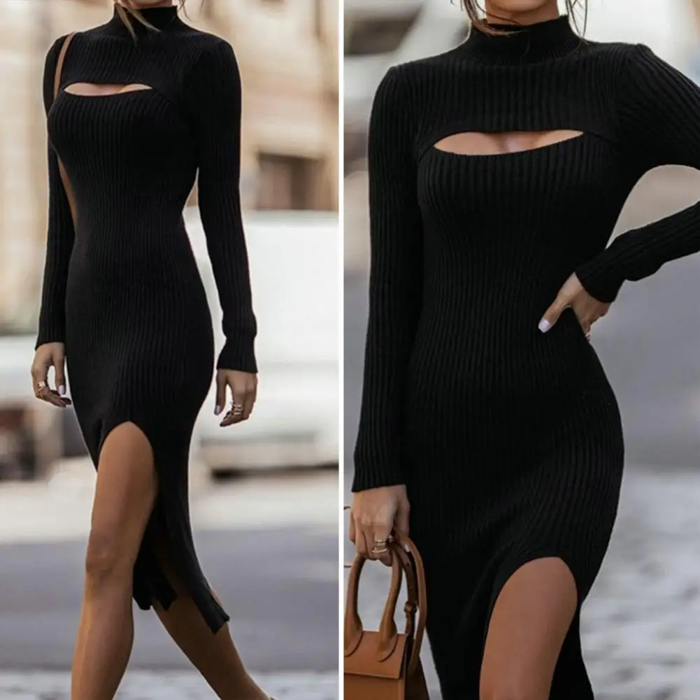 Loose Mid-length Dress Chic Knitted Midi Dress Half-high Collar Hollow Out Split Hem Slim Fit for Spring Fall Fashion Slim Fit