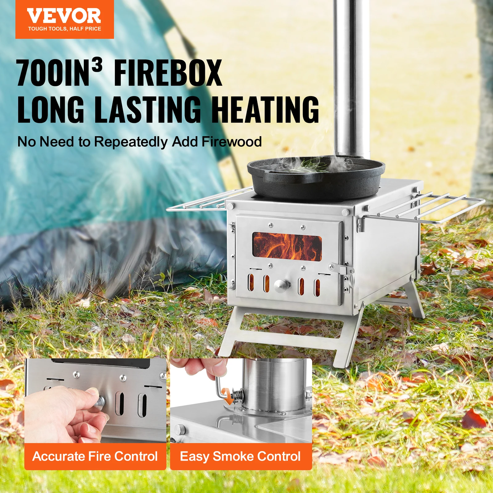 VEVOR Wood Stove 80 in Stainless Steel Camping Tent Stove Portable Wood Burning Stove with Chimney Pipes & Gloves 700in³Firebox