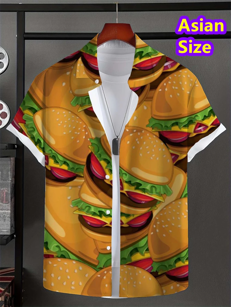 Food Hamburger Graphic Shirts For Men Clothes 2025 Casual Hawaii Burger Beach Shirt Aloha Hip Hop Short Sleeve Vacation Blouses