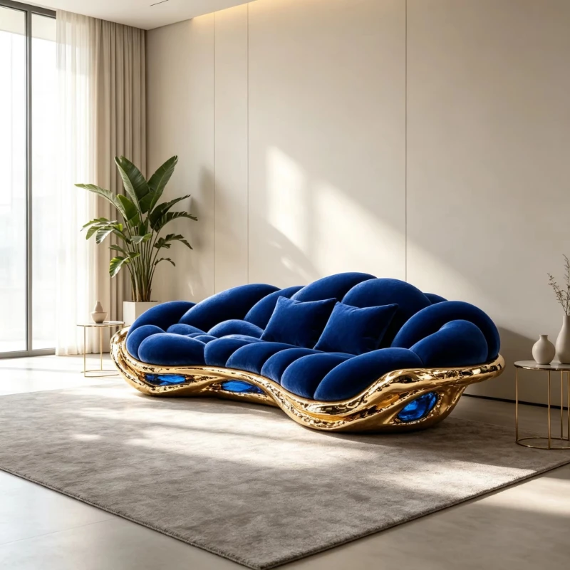 Modern designer blue velvet foam cushion sofa, gold-framed decorative sofa, suitable for villa hotel lounge residential