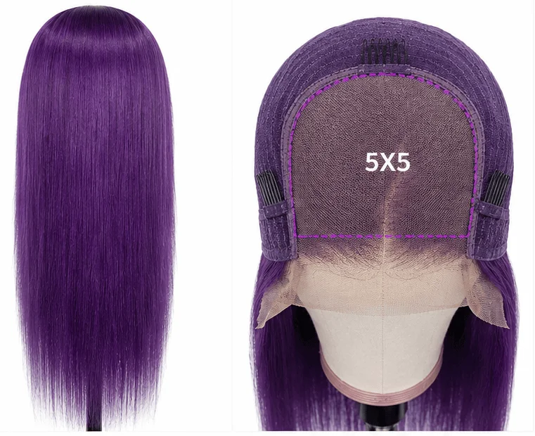 Purple Straight Glueless Human Hair Wig 200% Density Lace Frontal Wig PrePlucked Transparent 4x4 5x5 Lace Closure Wig for Women