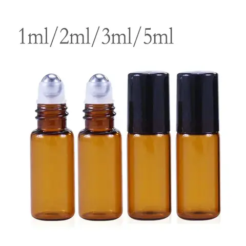 100PCs 호박색 롤 온 보틀 오일 바이알, 롤러 금속 얇은 유리, 유리 볼 샘플 테스트 필수, 1ml, 2ml, 3ml, 5ml