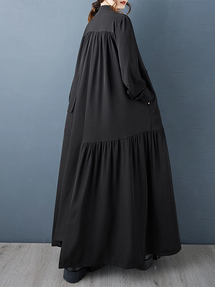 NYFS Lockeres, schwarzes Vintage-Hemdkleid in Übergröße, Herbst 2022, langärmelig, unregelmäßige Damenrobe