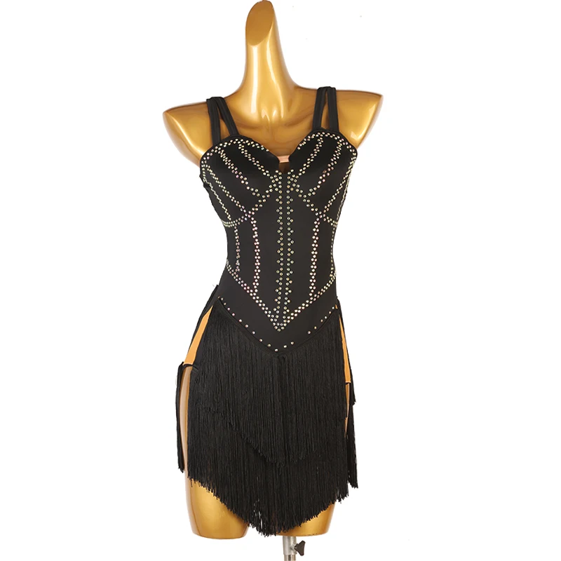 

Latin Dance Tassel Dress Premium Full Diamond Sexy Short Skirt Professional Performance Competition Costume Chacha Tango Dress