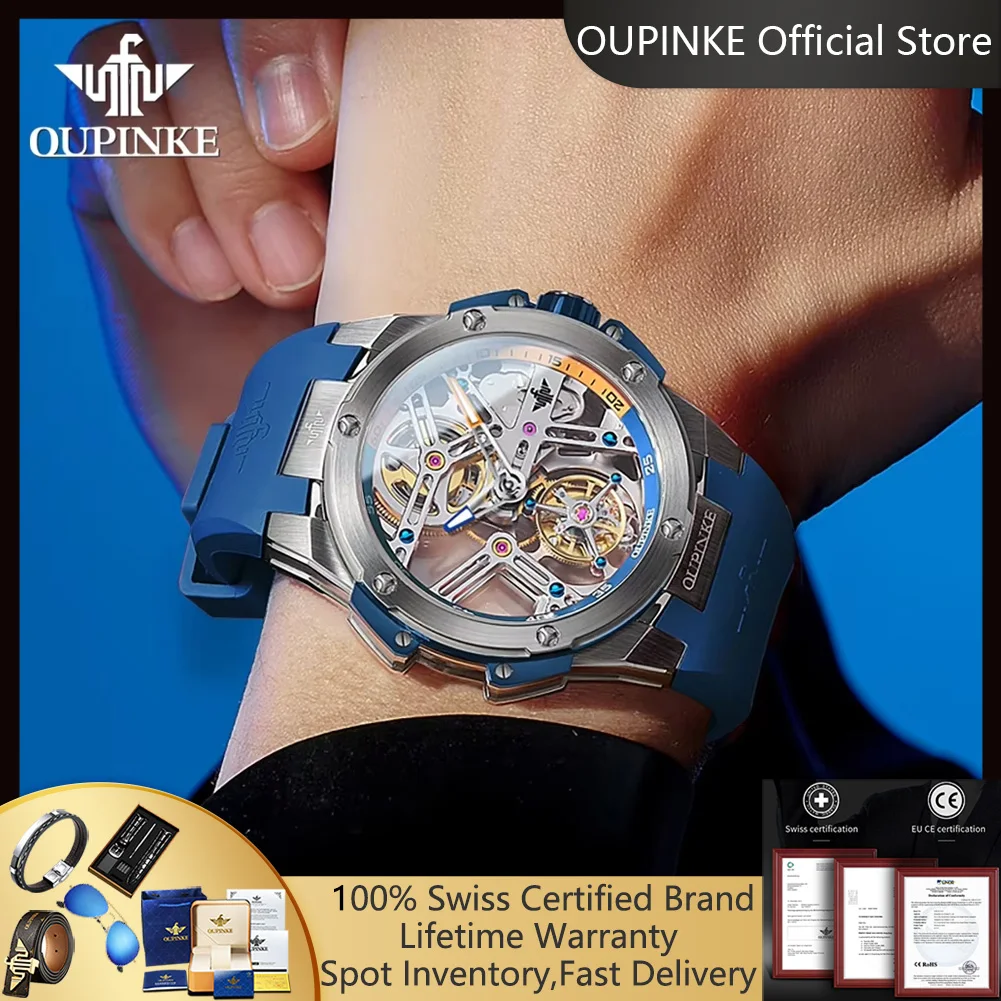 OUPINKE 8003 Real Tourbillon Automatic Mechanical Men's Watches Sapphire Mirror Silicone Strp Luxury Top Brand Men's Wrist Clock