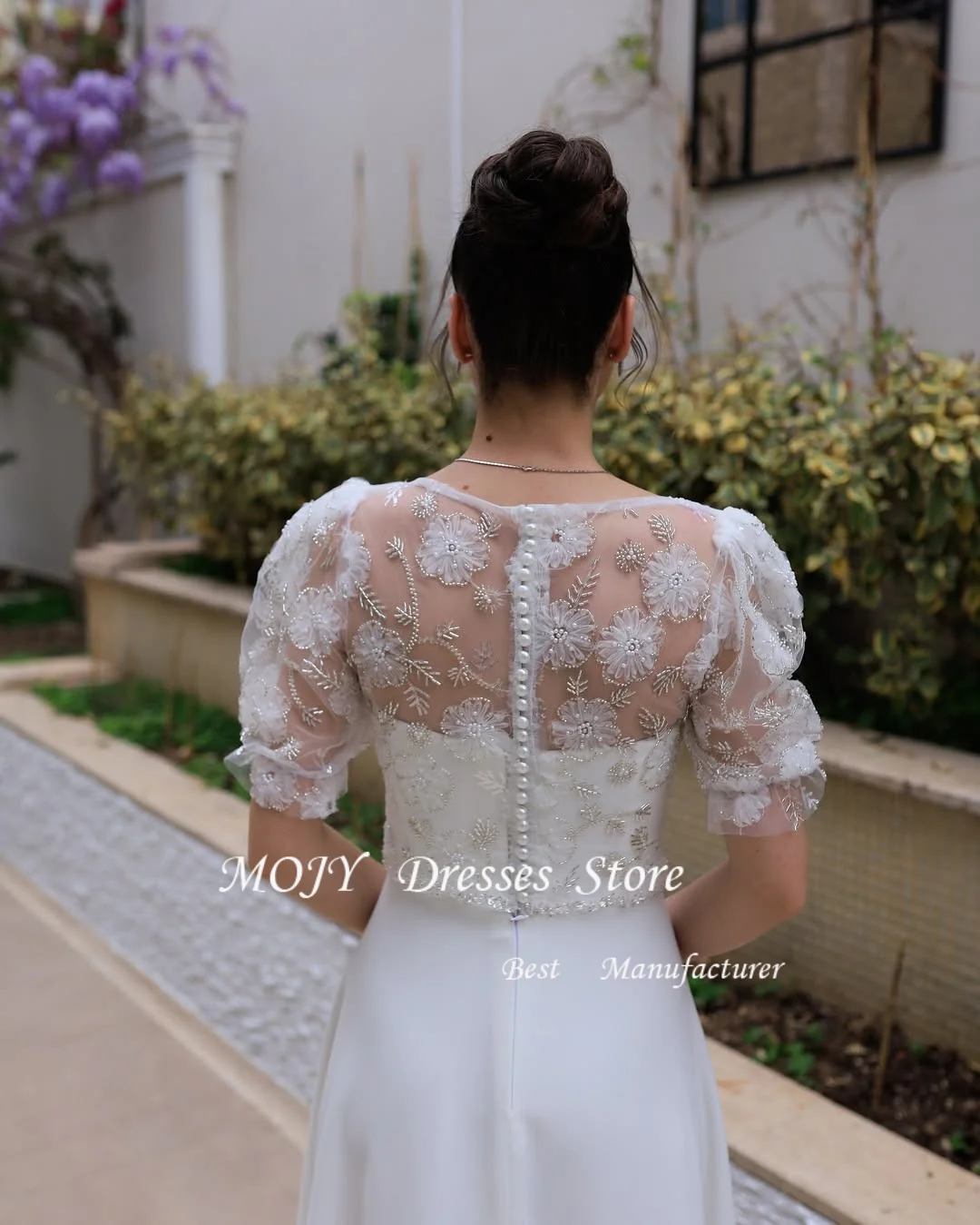 Mojy clássico vestido de casamento noiva mangas curtas colher pescoço miçangas apliques bolso uma linha vestido de noiva robe mariee tornozelo-comprimento