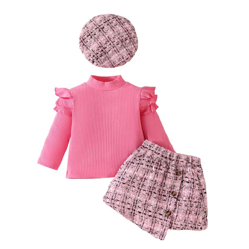

Toddler Baby Girl Clothes 3Pcs/set Autumn Long Sleeves Ribbed Turtleneck Top with Ruffled Trim Half-Skirt and Beret1–3Years Old