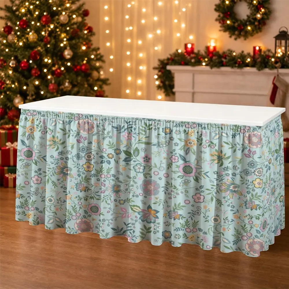 One-piece table skirt decoration. Light blue base with floral pattern. Flared edge tablecloth.