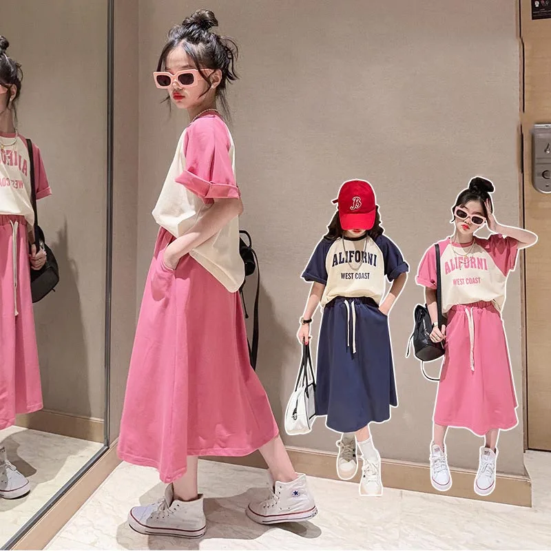 

Korean Spring Summer Children Girl 2PCS Clothes Set Teenager Girl Letter Printed Contrast T-shirt+Skirt Set For Girls 4-15Yrs