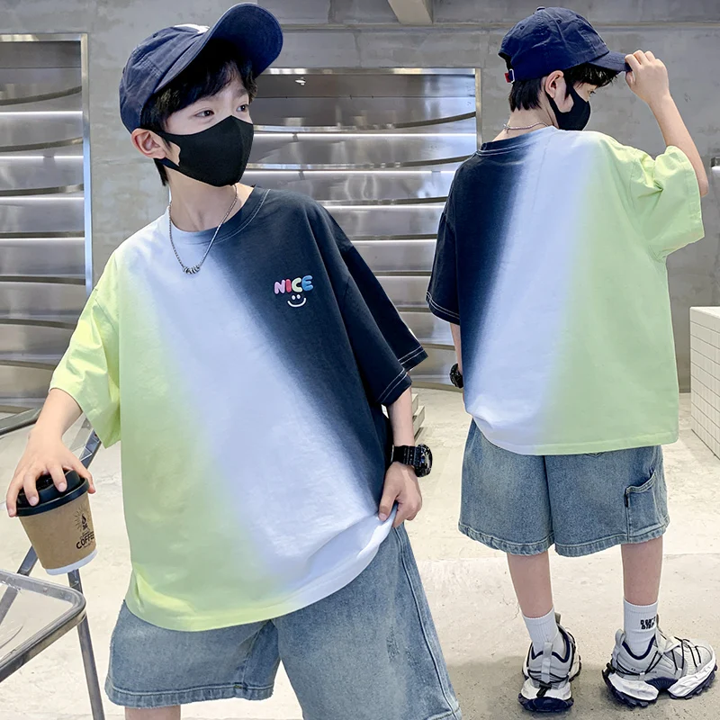 Kids Design Short Sleeve Cotton Gradient T-shirt for Tweens Boy Fashion Summer Clothes Tshirt Teens Child Casual Tee Tops Outfit