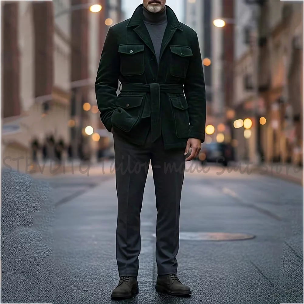 Dark Green Corduroy Belted Suit Two Pieces Chic Multi Pocket Notch Lapel Blazer Pants Slim Fit Business Casual Daily Wear