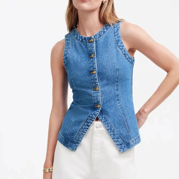 

Summer 2025 Women's Slim Fit Denim Vest Svel round Ne Crossbody Faion Thiened Cotton Dyed Vest Top