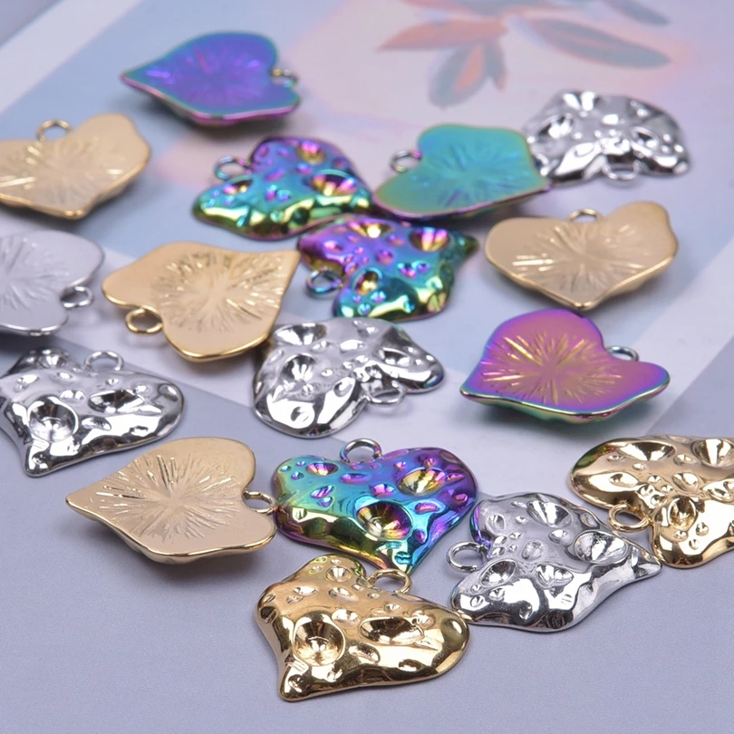 10pcs Gold Plated Rainbow Color Heart Shape DIY Jewelry Making Pendants for Necklace Earrings Stainless Steel Charms Accessories