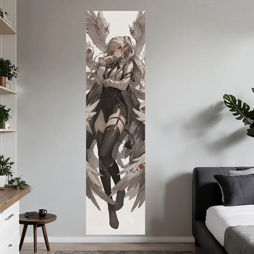 Dark Gothic Anime Girl Tapestry Elf Girl With Strange Wings Red Eyes Aesthetic Room Decor For Bedroom Dorm Background Wall Art