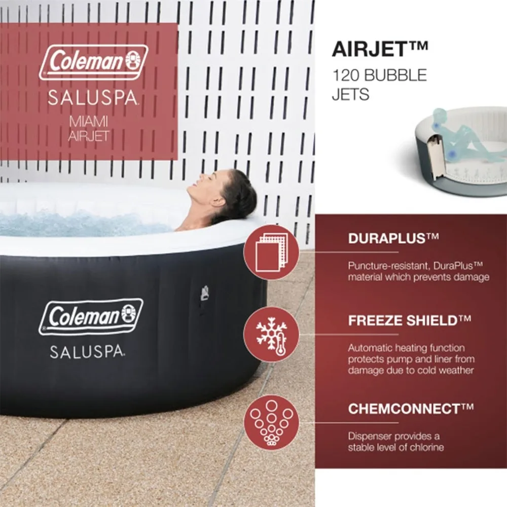 4 Person Capacity Inflatable Portable Round Hot Tub with 60 Air Jets, Tub Cover and Pump,，Black