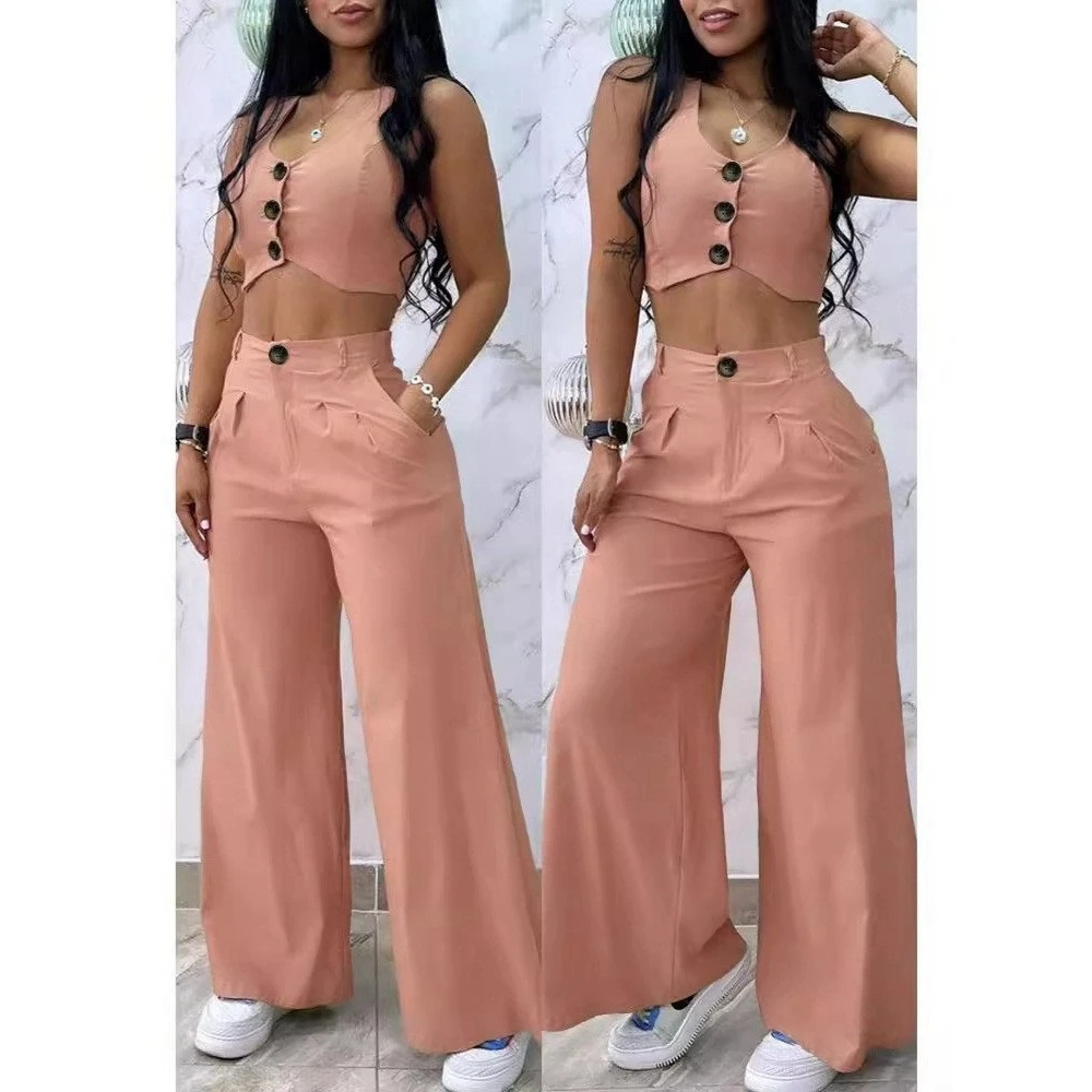 Women Sleeveless Buttoned Crop Top & Pocket Design Wide Leg High Waist Pants Casual Lady Two Pieces Set Summer Clothes