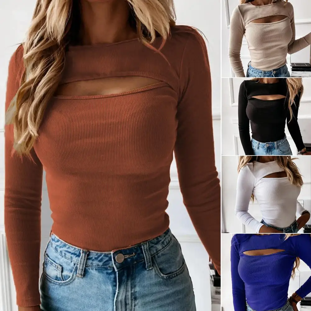 

O-neck Long Sleeve Shirt Chest Hollow Out Ribbed Bottoming Blouse Autumn Winter Solid Color Slim Pullover Top Daily Clothing