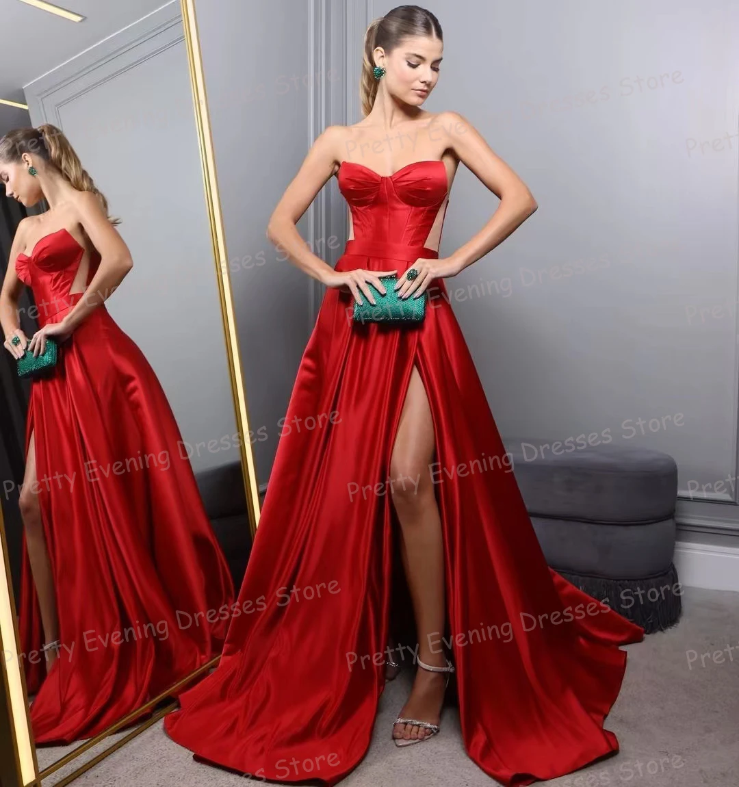 

Simple A Line Women's Evening Dresses Sexy Sweetheart Prom Gowns Sleeveless Satin High Split Hollow Fashion Party Vestidos Noche