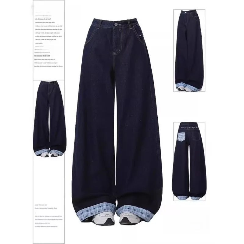 Women's Jeans Pants High Waist Loose Wide Leg Casual Plaid Bow Patchwork Straight Trousers Korean Style Tassel for Women
