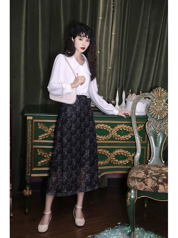 Retro Hong Kong Style Black Lace Hollow out A-Line  Skirt Slimming Midi Length Spring Summer Ladies High Waist Skirt