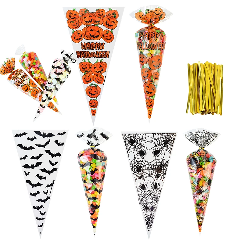 

100Pcs/Lot Halloween Pumkin Cone Bag Spider Web Bat Clear Cellophane Candy Bag For Halloween Birthday Party Transparent Cone Bag