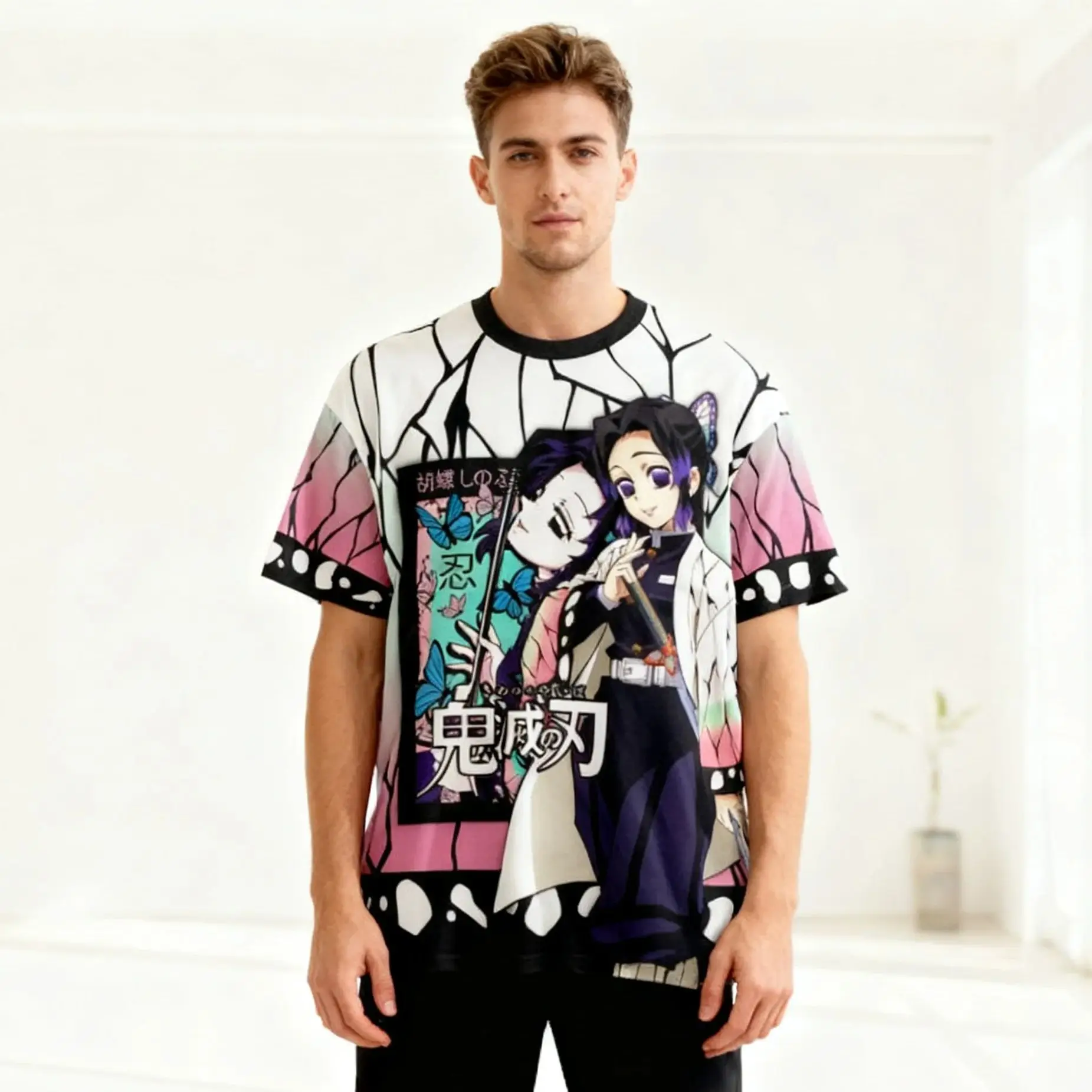 Kocho Shinobu Haori 악마 슬레이어 스트리트웨어 티셔츠 남성과 여성을 위한 여름 캐주얼 패션 애니메이션 프린트 빠른 건조 탑