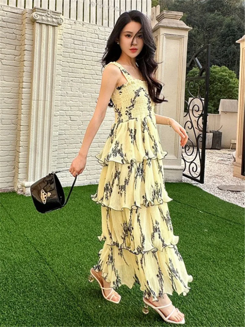 2024 Summer New Chiffon Sweet Print Square Collar Ruffles Cake Dress Elegant Chic Lightweight Dress Party Beach Style Vestidos