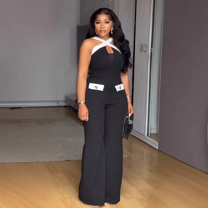 2025 New Elegant Cross Strap Color Block Slim Elastic Wide Leg Jumpsuit Multiple Colors Available