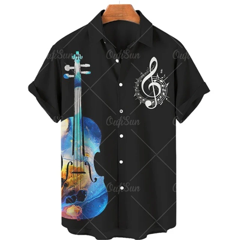 Men\'s shirt summer Hawaiian shirt pattern print music notes outdoor street short sleeved clothing for comfort and breathability