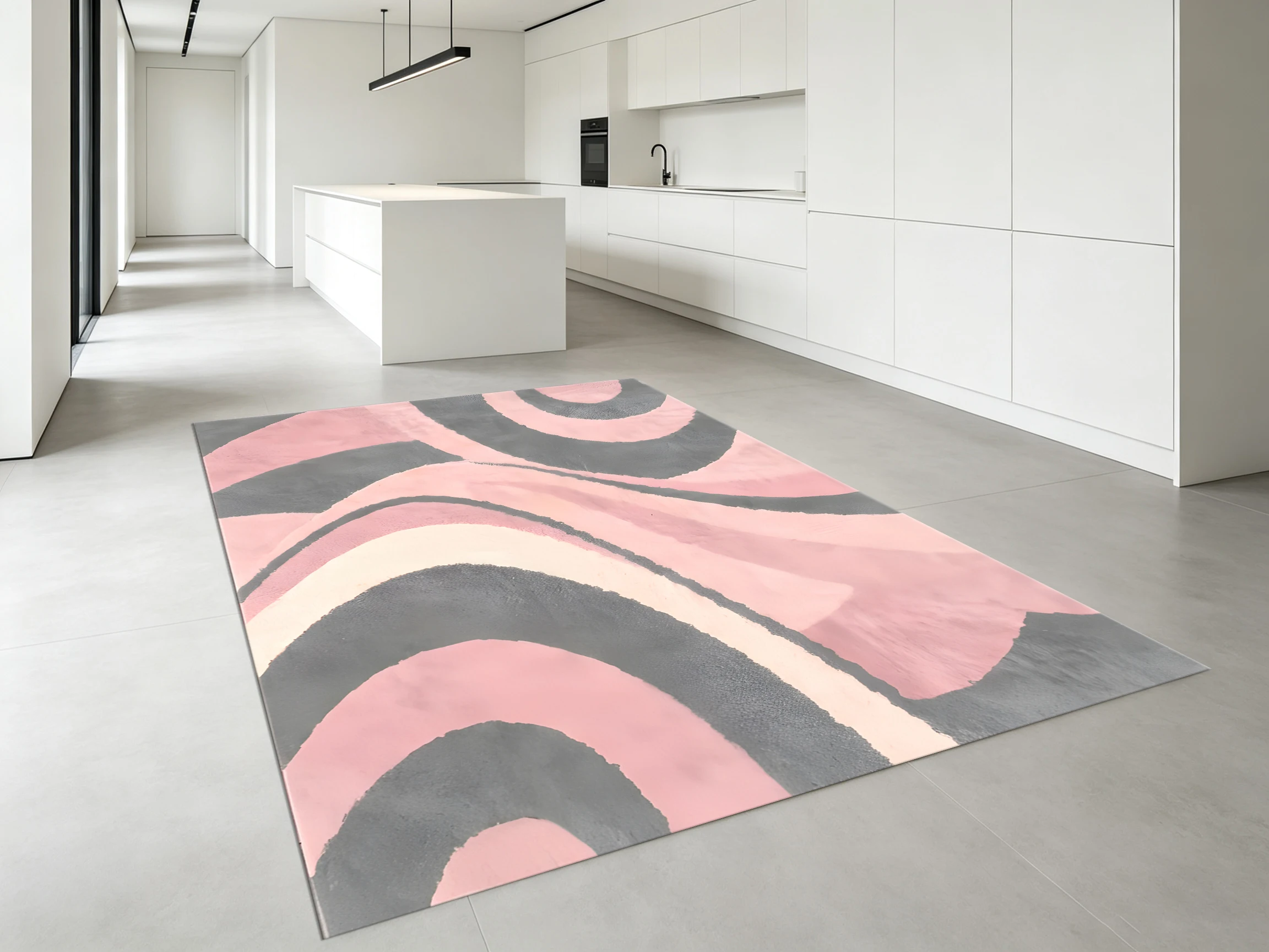 2D Large Rug in Gray-Pink Abstract Flowing Curves, Modern, Soft & Skin-Friendly, for Living Room & Bedroom, & Premium