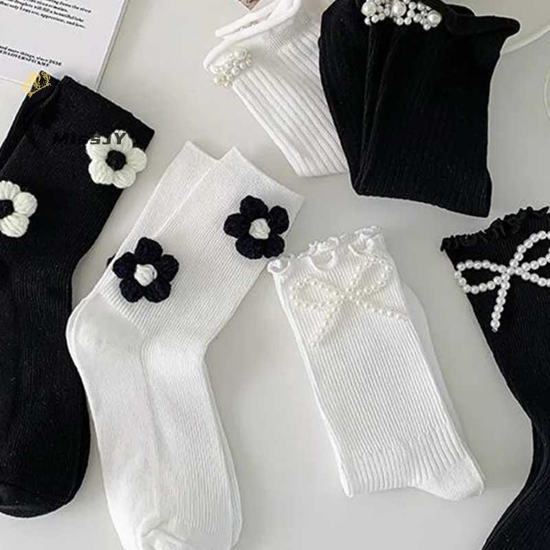 1Pair Pearl Calf Socks Girl Socks  Middle Tube Socks Lace Pile Socks Lolita Princess Three-Dimensional Wool Flower Stocking