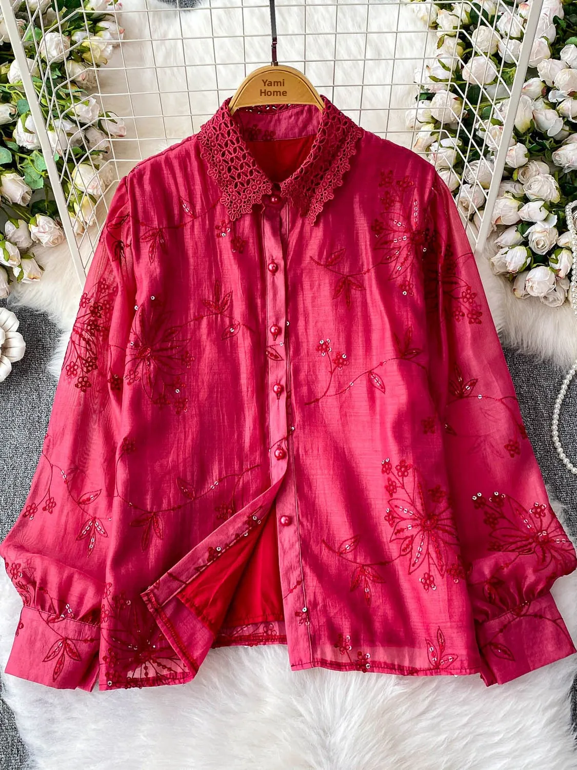 Schwere Stickerei Pailletten Spitze Kragen Lose frauen irt Sommer Neue Sle Abnehmen Oberbekleidung Koreanische Sle Pendeln Faion