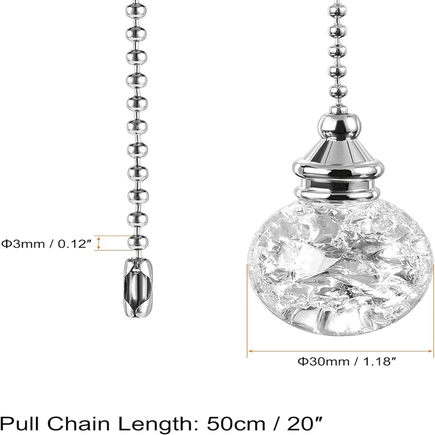 20 Inch Ceiling Fan Pull Chain, Decorative Crystal Fan Pull Chain Ornament Extension,  Diameter Beaded 30mm Ice Cracked Ball Pen