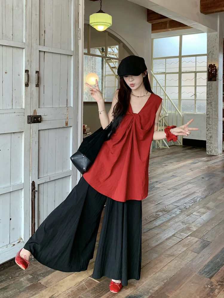 

Twisted red vest midi top suit summer clothes women's black wide-leg pants casual lazy style elegant two-piece vacation outfits