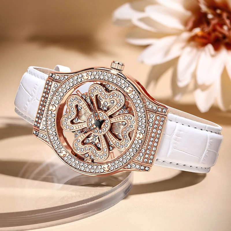 ROMITIME Watches for Woman Lucky Collection Fashionable Rotating Dial Calfskin Strap Quartz Waterproof Ladies' Wristwatch