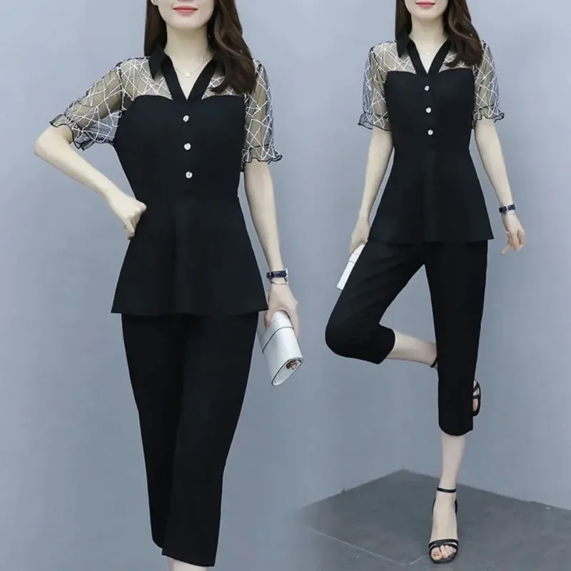 

Women's Professional Suit 2025 Summer Casual V-neck T Shirt Thin Plaid Crop Tops And Calf-length Pants 2 Two Piece Set For Women