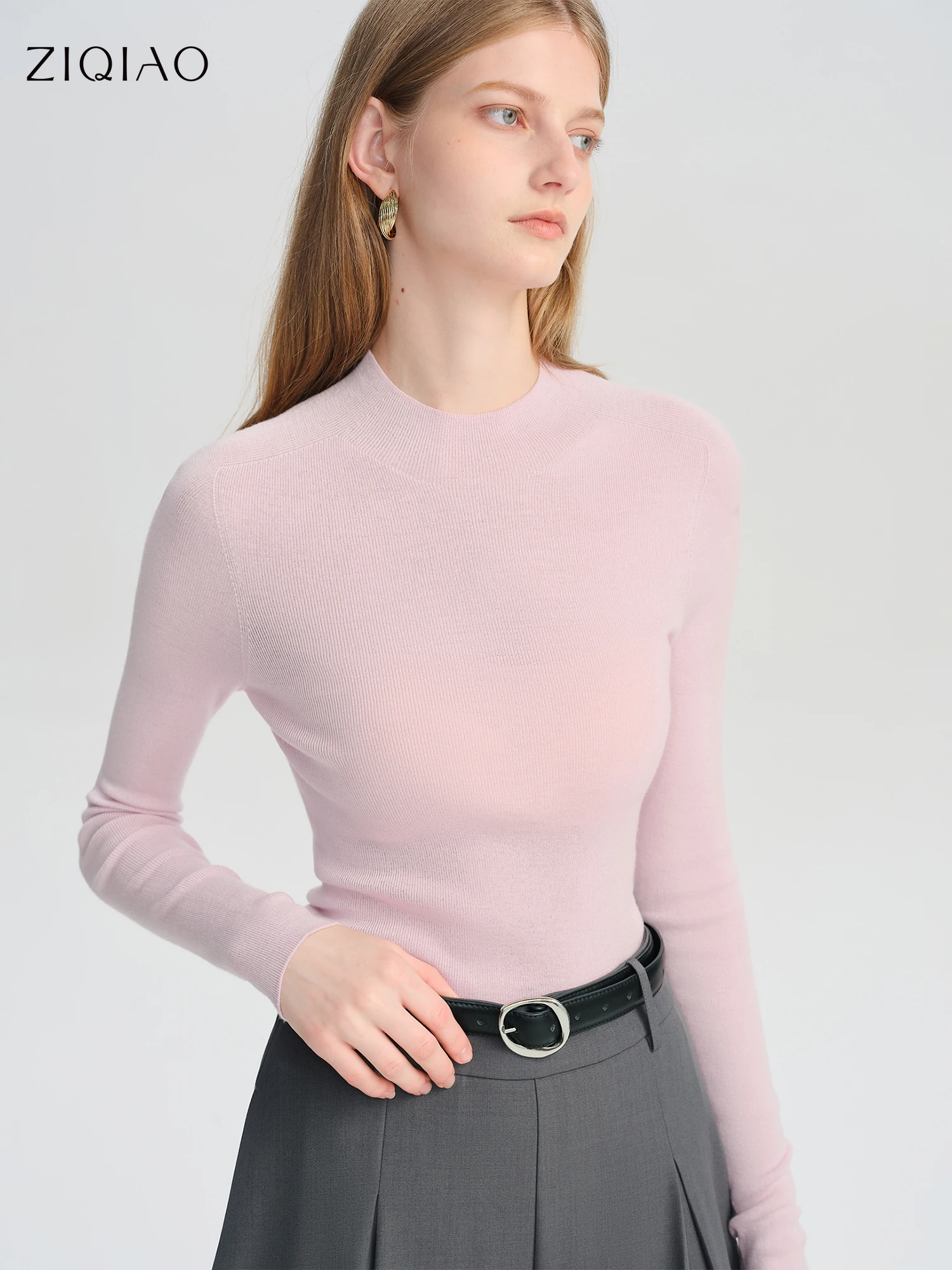 ​ZIQIAO Autumn 2025 Women's Blush Pink Mock Neck Base Layer - Seamless Acetate Wool Blend Second-Skin Comfort Thermal Top